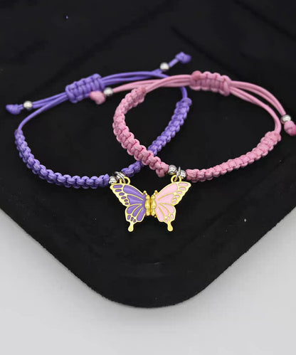 Cute Pink Weave Alloy Butterfly Adjustable A Pair Charm Bracelet