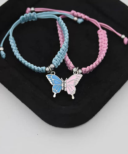 Cute Pink Weave Alloy Butterfly Adjustable A Pair Charm Bracelet