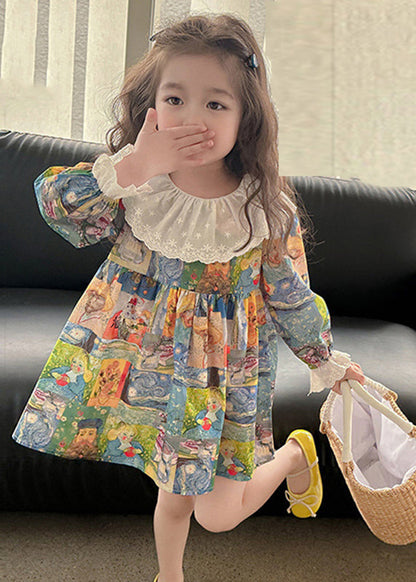 Cute Print Patchwork Kids Vacation Mid Dresses Fall