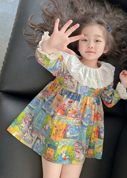 Cute Print Patchwork Kids Vacation Mid Dresses Fall