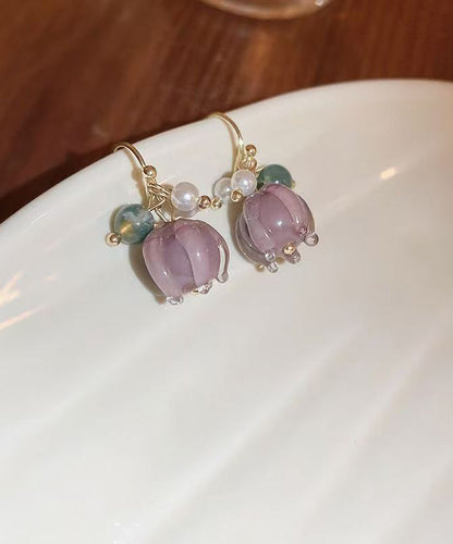 Cute Purple Alloy Pearl Colored Glaze Floral Drop Earrings