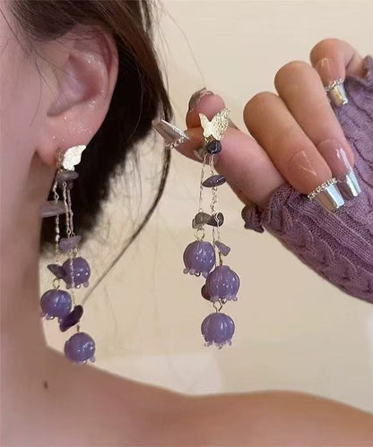 Cute Purple Copper Overgild Lily Of The Valley Butterfly Tassel Drop Earrings