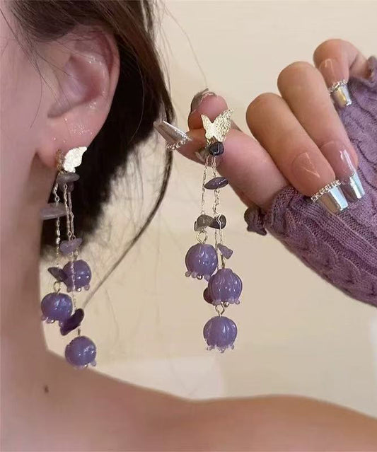 Cute Purple Copper Overgild Lily Of The Valley Butterfly Tassel Drop Earrings