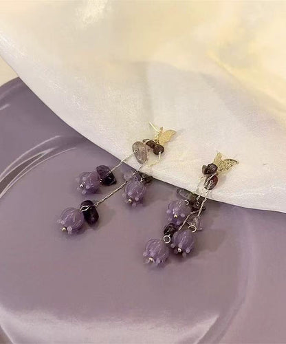 Cute Purple Copper Overgild Lily Of The Valley Butterfly Tassel Drop Earrings