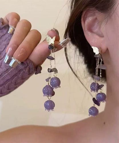 Cute Purple Copper Overgild Lily Of The Valley Butterfly Tassel Drop Earrings