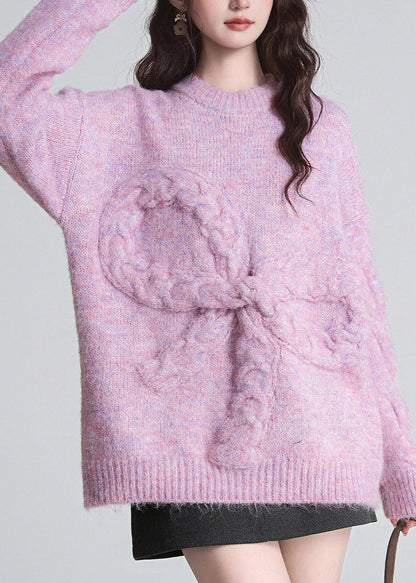 Cute Purple O-Neck Bow Cozy Cotton Knit Sweater Tops Fall