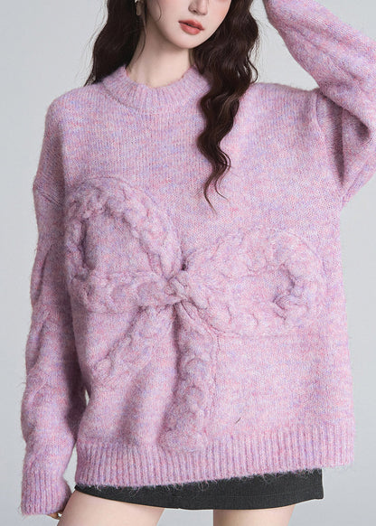 Cute Purple O-Neck Bow Cozy Cotton Knit Sweater Tops Fall