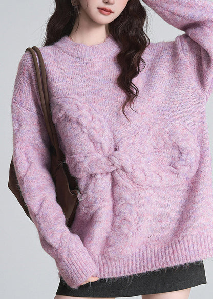 Cute Purple O-Neck Bow Cozy Cotton Knit Sweater Tops Fall