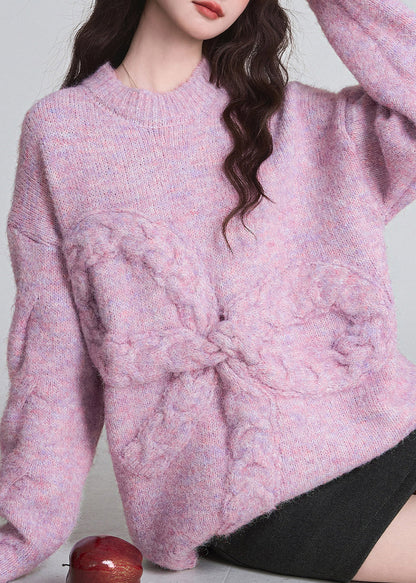 Cute Purple O-Neck Bow Cozy Cotton Knit Sweater Tops Fall
