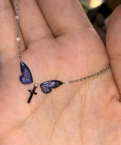 Cute Purple Silver Alloy Zircon Butterfly Cross Pendant Necklace