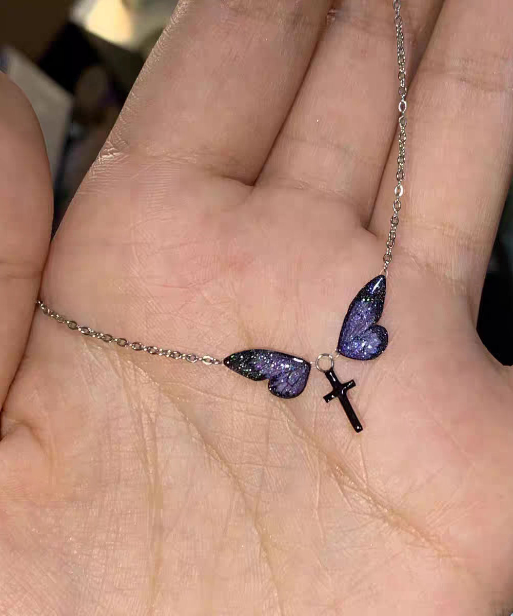 Cute Purple Silver Alloy Zircon Butterfly Cross Pendant Necklace
