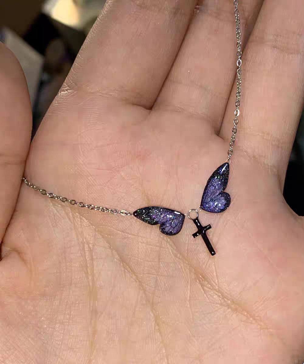 Cute Purple Silver Alloy Zircon Butterfly Cross Pendant Necklace
