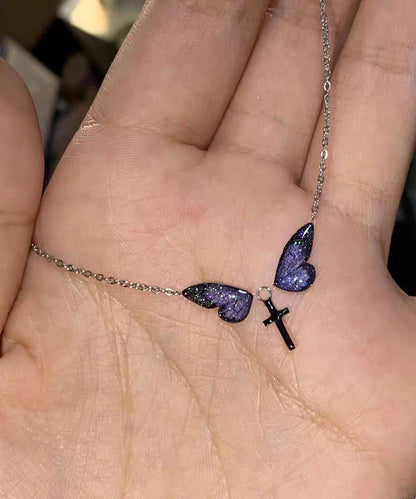 Cute Purple Silver Alloy Zircon Butterfly Cross Pendant Necklace