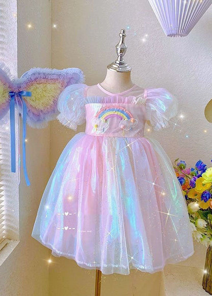 Cute Rainbow Ruffled Patchwork Tulle Baby Girls Dresses Summer