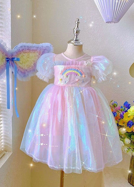 Cute Rainbow Ruffled Patchwork Tulle Baby Girls Dresses Summer