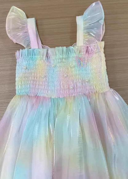 Cute Rainbow Wrinkled Bow Pearl Tulle Girls Maxi Dresses Sleeveless