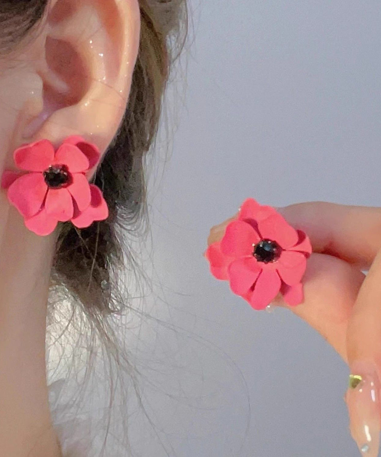 Cute Red Alloy Obsidian Floral Stud Earrings