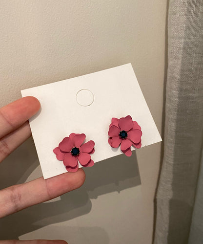 Cute Red Alloy Obsidian Floral Stud Earrings
