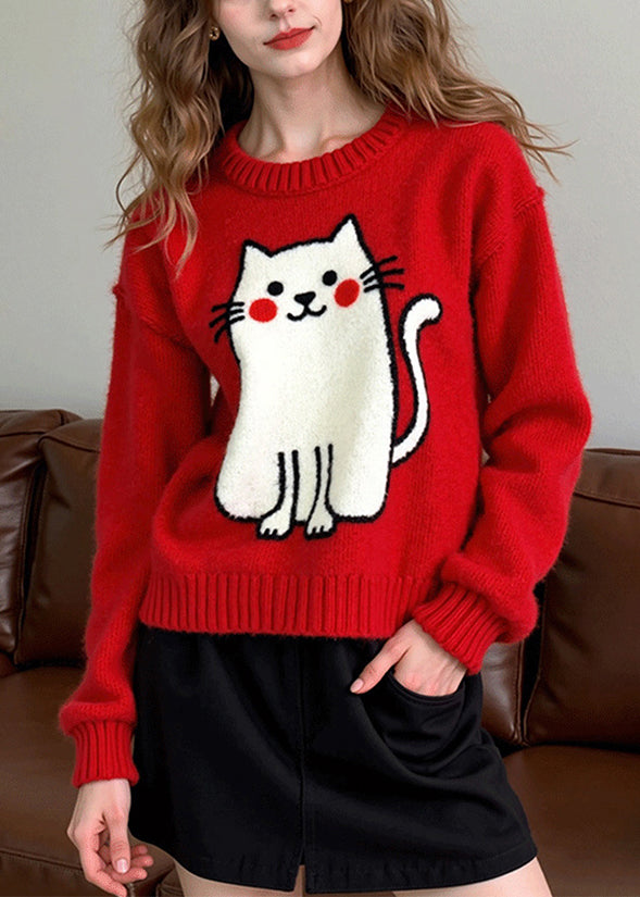 Cute Red Embroidered Cat Knit Pullover Winter