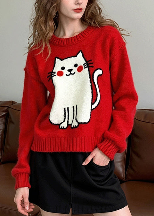 Cute Red Embroidered Cat Knit Pullover Winter