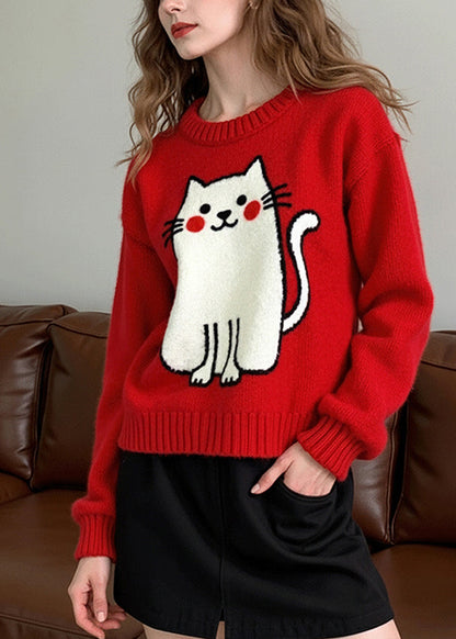 Cute Red Embroidered Cat Knit Pullover Winter
