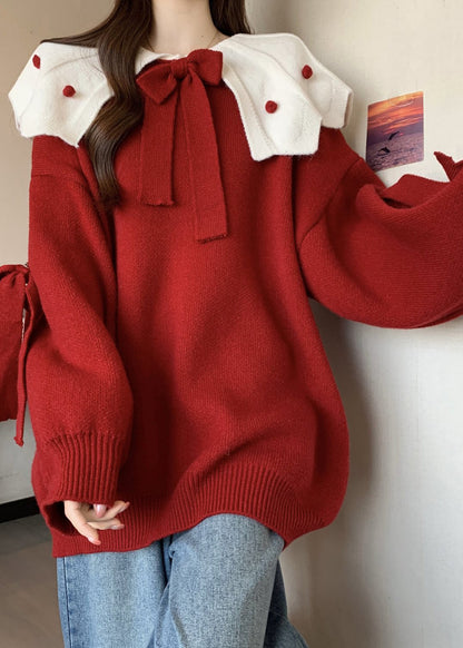 Cute Red Oversized Patchwork Bow Knit Sweater Fall
