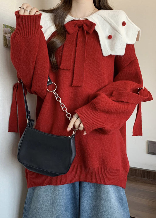 Cute Red Oversized Patchwork Bow Knit Sweater Fall