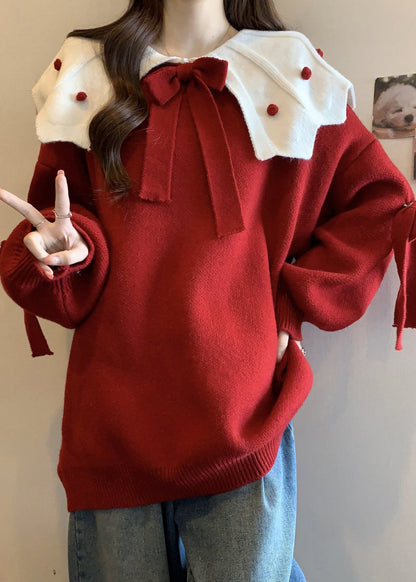 Cute Red Oversized Patchwork Bow Knit Sweater Fall
