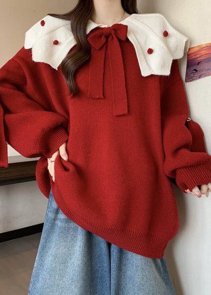 Cute Red Oversized Patchwork Bow Knit Sweater Fall