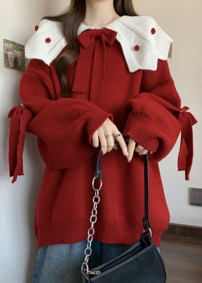 Cute Red Oversized Patchwork Bow Knit Sweater Fall
