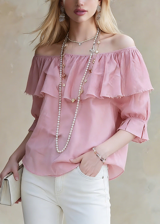 Cute Red Slash Neck Ruffled Patchwork Solid Top Half Sleeve