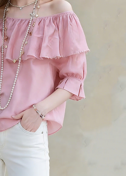 Cute Red Slash Neck Ruffled Patchwork Solid Top Half Sleeve
