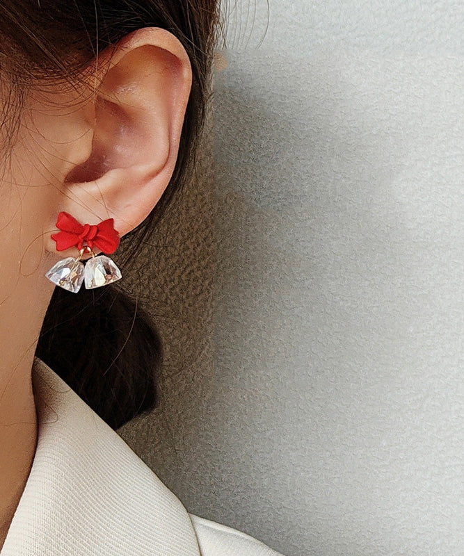 Cute Red Sterling Silver Crystal Bow Bell Drop Earrings