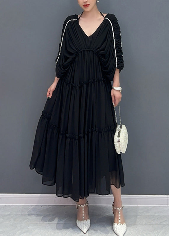 Cute Rose Ruffled Wrinkled Chiffon Long Dresses Half Sleeve