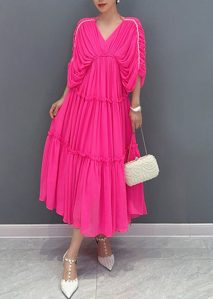 Cute Rose Ruffled Wrinkled Chiffon Long Dresses Half Sleeve