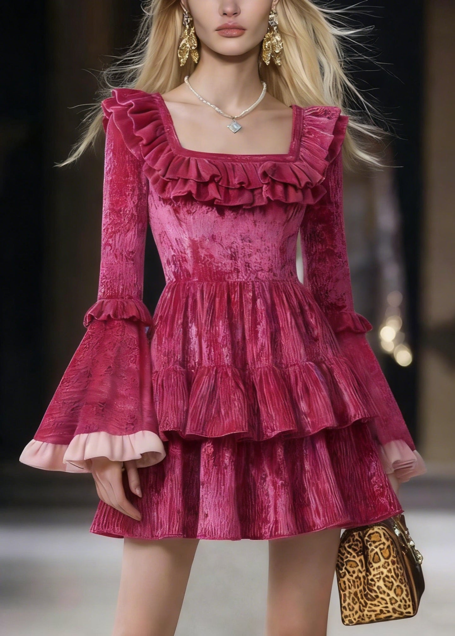 Cute Rose Square Collar Ruffled Patchwork Mini Dresses Flare Sleeve