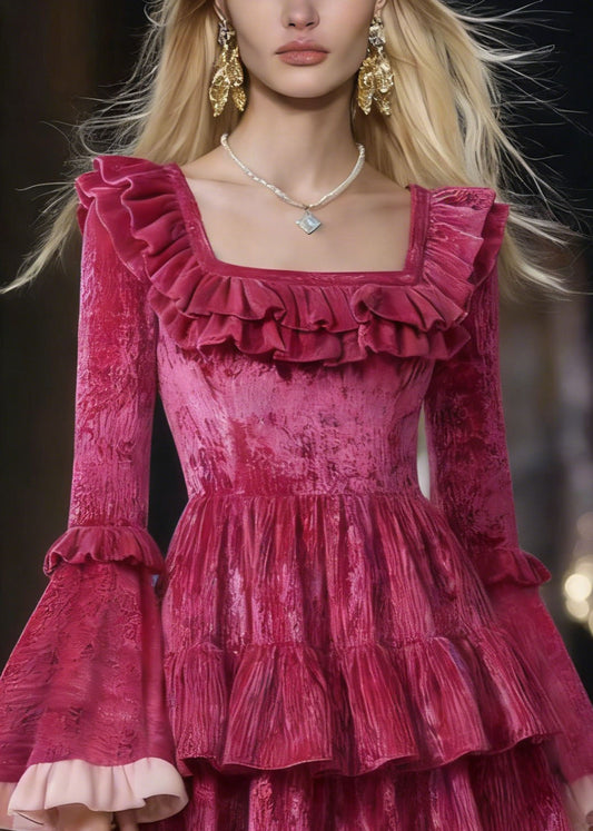 Cute Rose Square Collar Ruffled Patchwork Mini Dresses Flare Sleeve