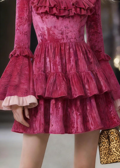 Cute Rose Square Collar Ruffled Patchwork Mini Dresses Flare Sleeve