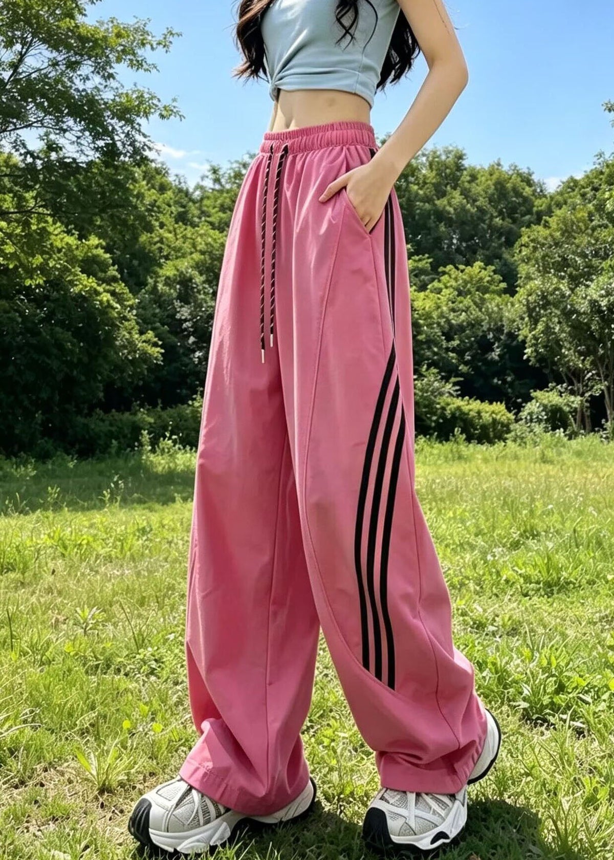 Cute Rose Striped Elastic Waist Ice Silk Straight Pants Fall