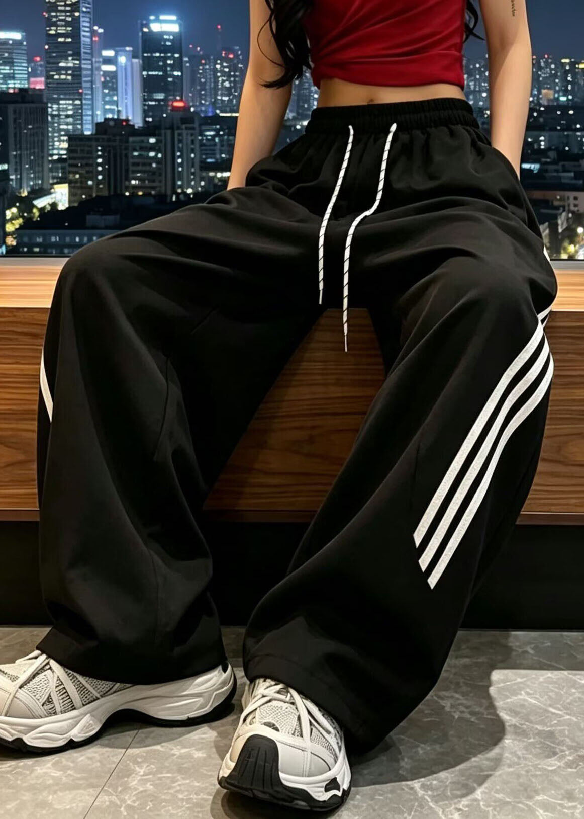 Cute Rose Striped Elastic Waist Ice Silk Straight Pants Fall
