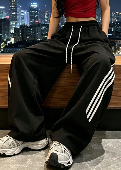Cute Rose Striped Elastic Waist Ice Silk Straight Pants Fall
