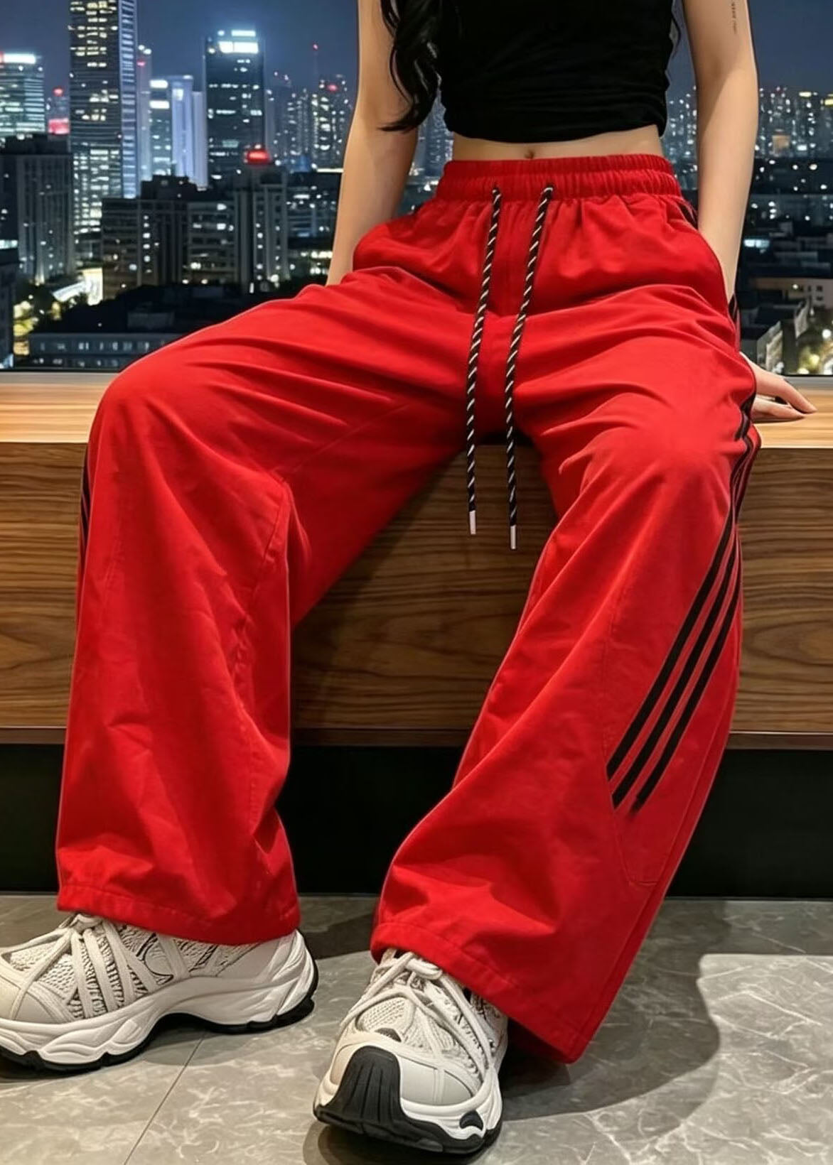 Cute Rose Striped Elastic Waist Ice Silk Straight Pants Fall