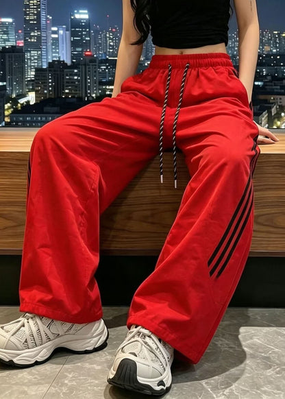 Cute Rose Striped Elastic Waist Ice Silk Straight Pants Fall