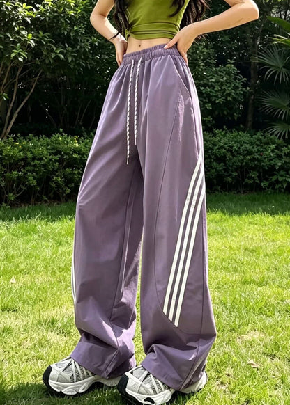 Cute Rose Striped Elastic Waist Ice Silk Straight Pants Fall