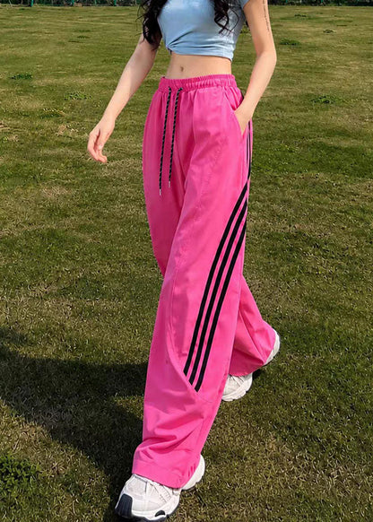 Cute Rose Striped Elastic Waist Ice Silk Straight Pants Fall