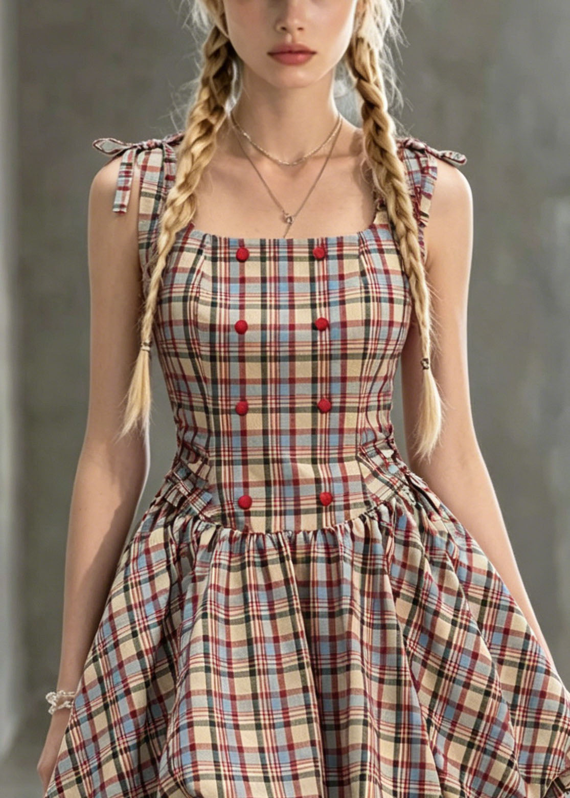 Cute Square Collar Plaid Lace Up Cotton Mini Dress Summer