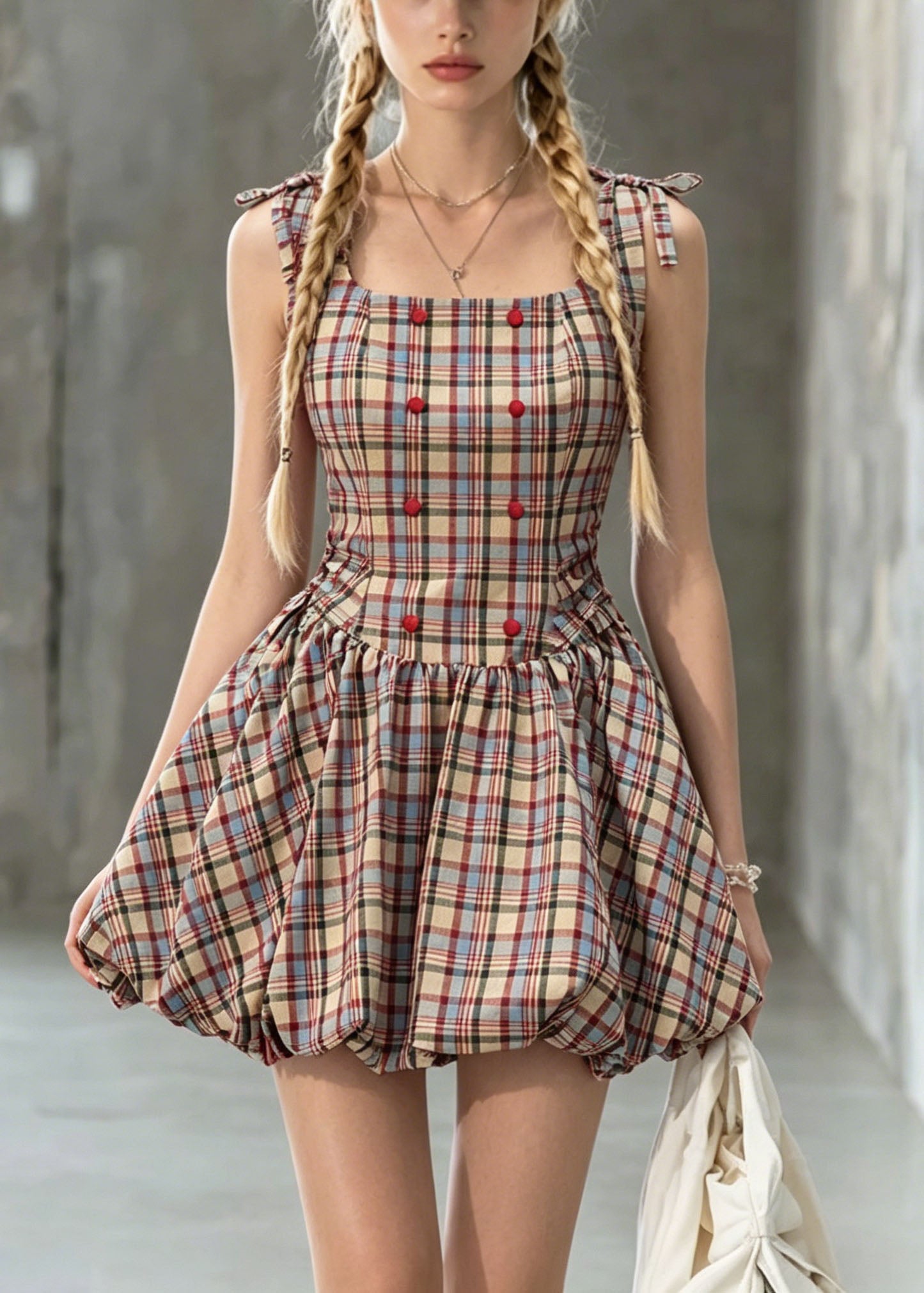 Cute Square Collar Plaid Lace Up Cotton Mini Dress Summer