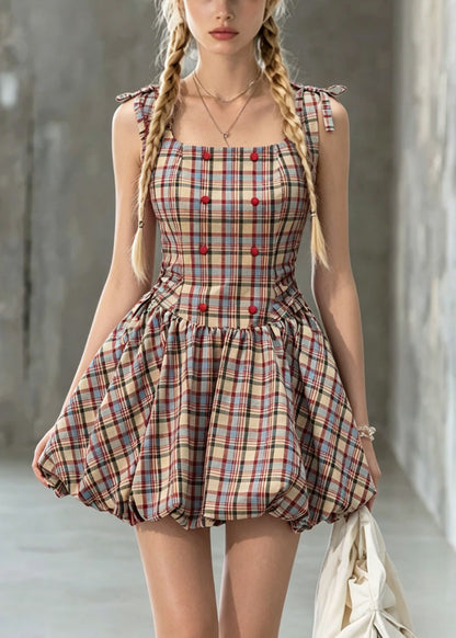 Cute Square Collar Plaid Lace Up Cotton Mini Dress Summer