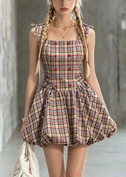 Cute Square Collar Plaid Lace Up Cotton Mini Dress Summer