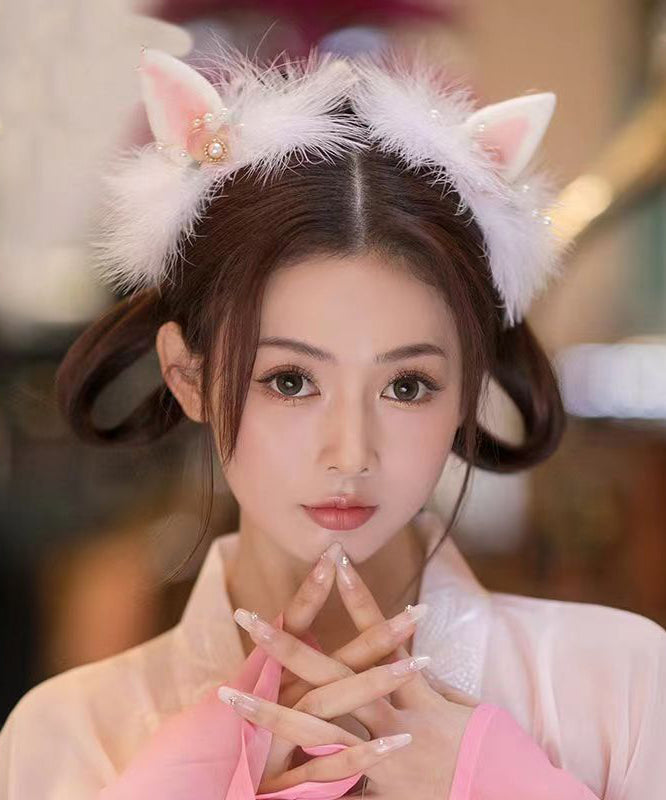 Cute Watery Red Alloy Pearl Colored Glaze Cat's Ears Feather Hairpin And Ribbon Two-Piece Set
